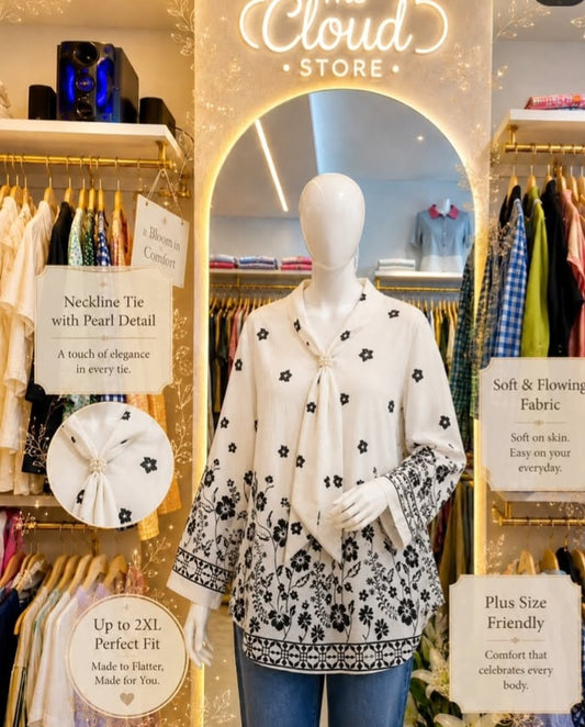 Women White & Black Floral Printed Shirt Collar Tunic Top with Covered Button Detail