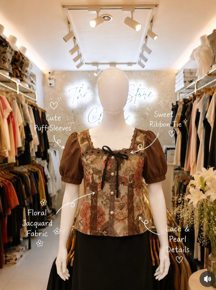 Floral Jacquard Puff-Sleeve Top