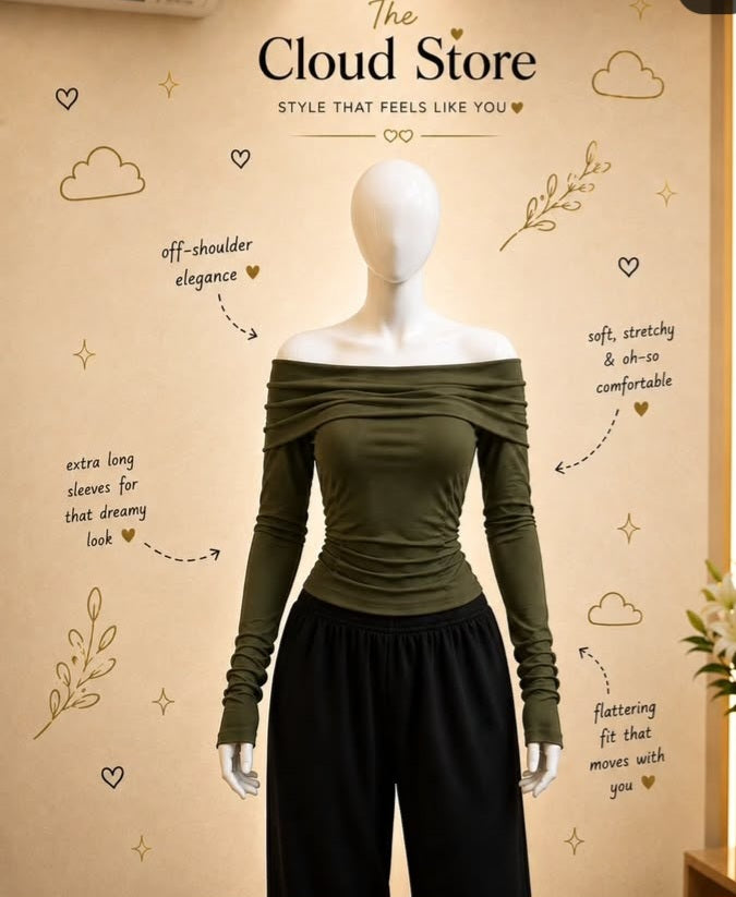 Over Off-Shoulder Fitted Top with Extra Long Ruched Sleeves