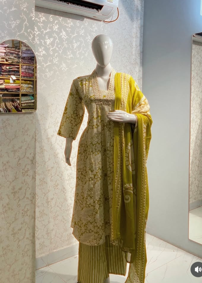 Floral Block-Print Frock Suit Set