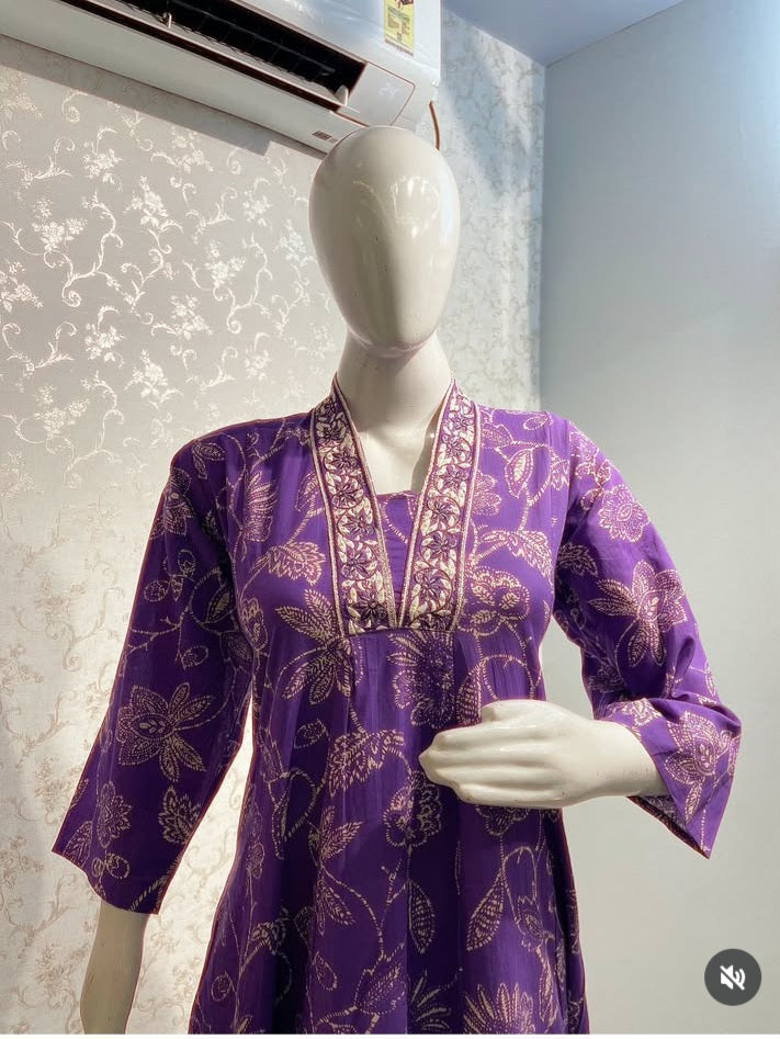 Floral Block-Print Frock Suit Set