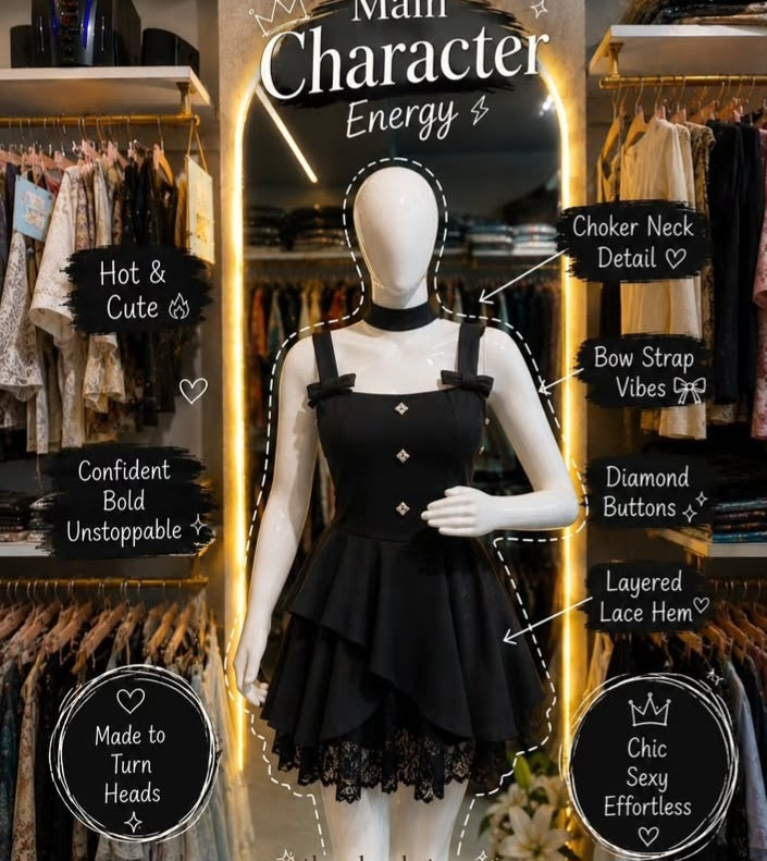 Women Sleeveless Bow-Strap Mini Fit & Flare Dress with Diamond Button Detail & Choker