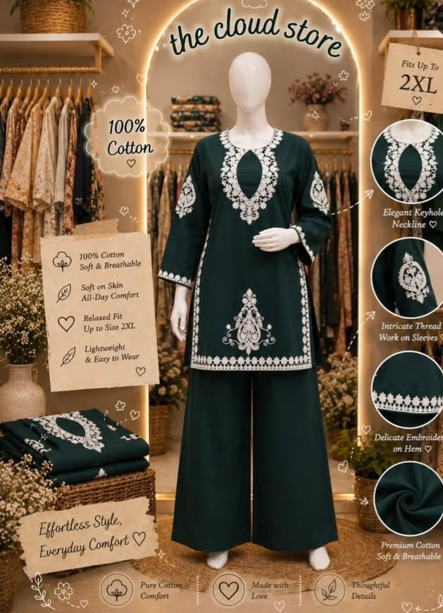 Pure Cotton Embroidered Keyhole Tunic with Flared Palazzos Co-Ord Set