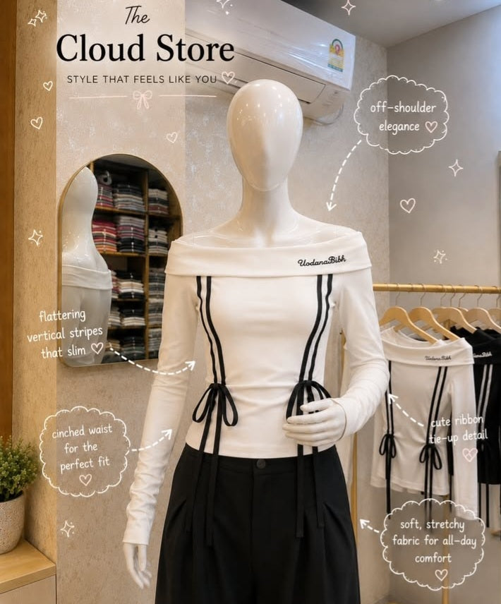 Contrast Piping Off-Shoulder Top with Tie-Up Waist