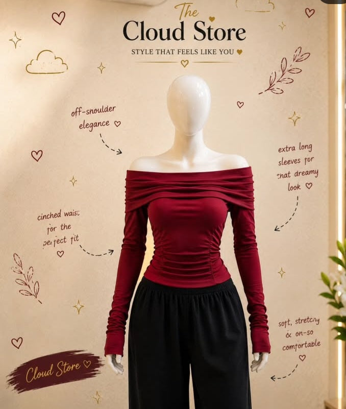 Over Off-Shoulder Fitted Top with Extra Long Ruched Sleeves
