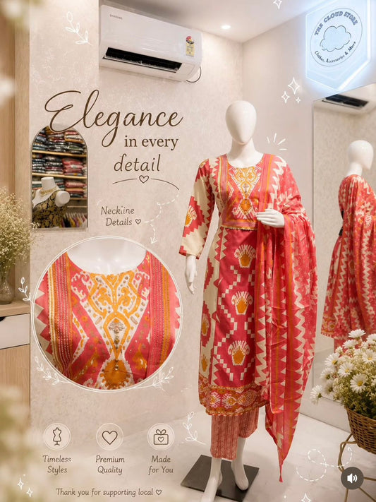 Red & Yellow Bandhani Printed Kurta with Palazzos & Dupatta
