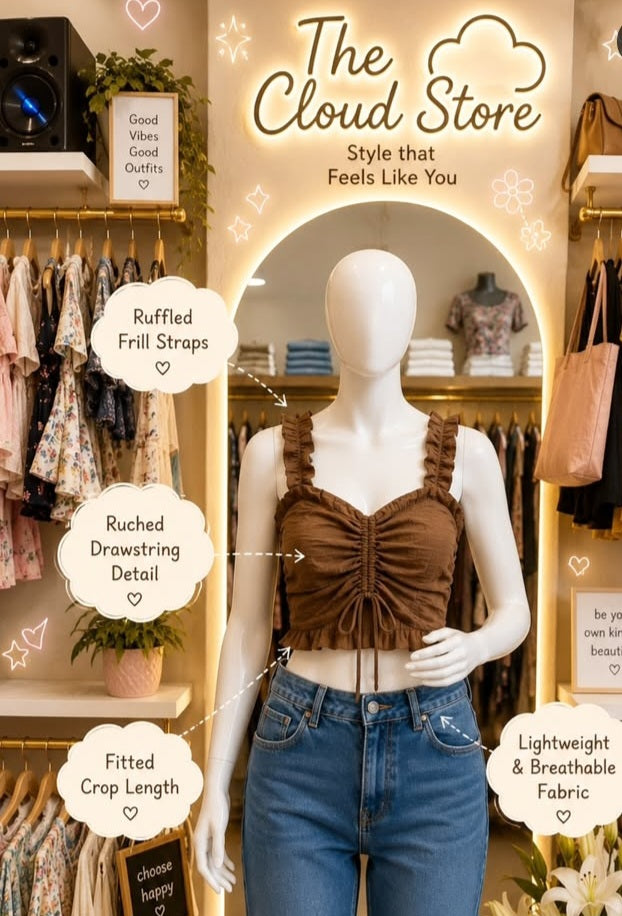 Front Drawstring Crop Top with Ruffled Frill Shoulder Straps