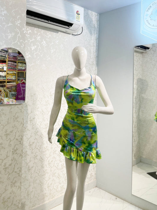 Neon Bloom Halter Ruched Mini Dress