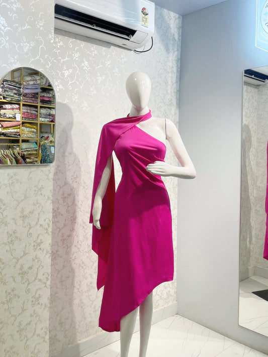 Hot Pink One-Shoulder Drape Dress