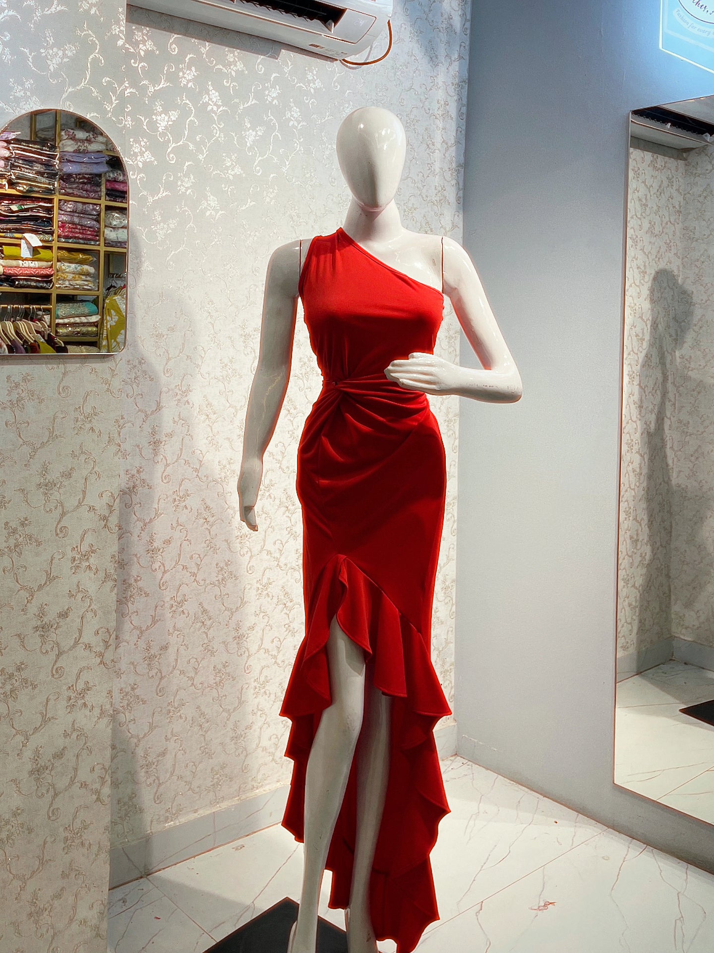 Cherry Blossom One-Shoulder Ruffle Maxi Dress (Red)