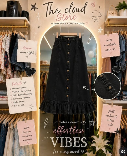 Women Solid High-Waist Button-Closure Denim Skirt with Ruffle Trim