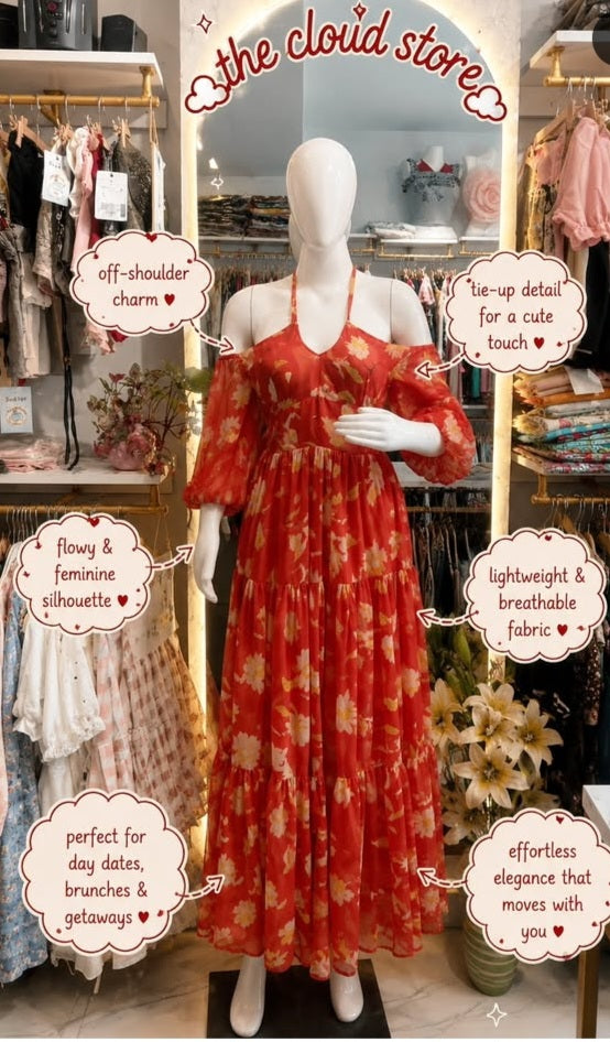 Printed Off-Shoulder Halter Neck Tiered Maxi Dress with Long Bishop Sleeves