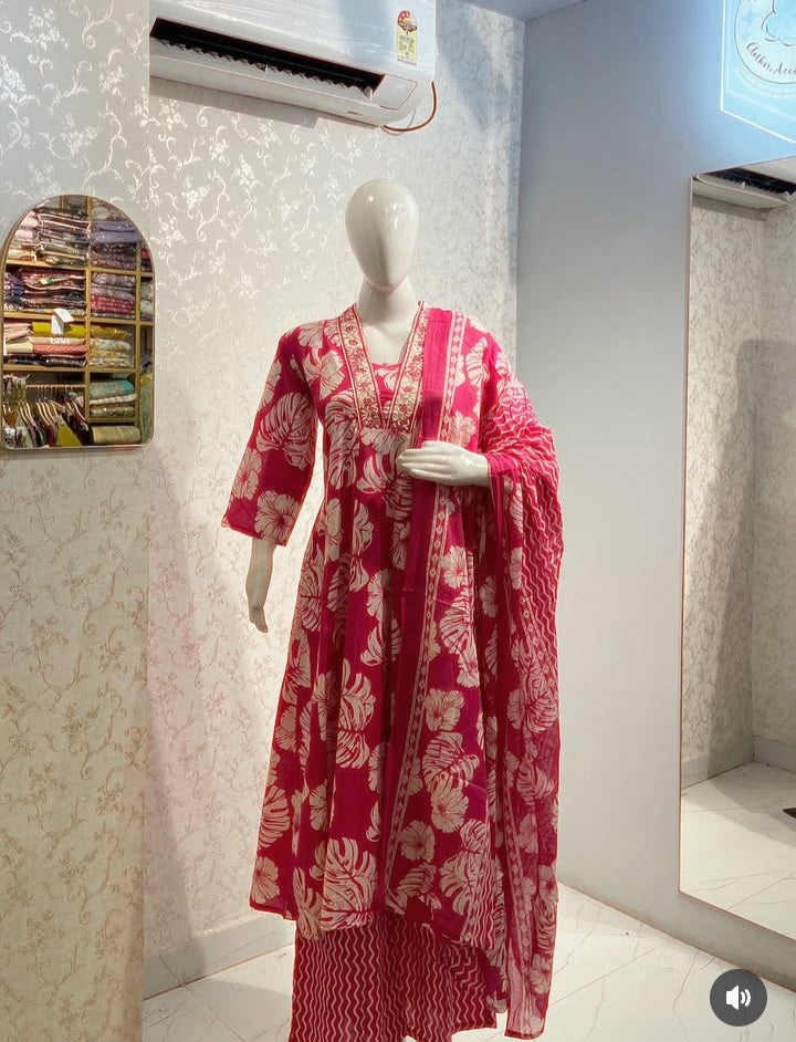 Floral Block-Print Frock Suit Set