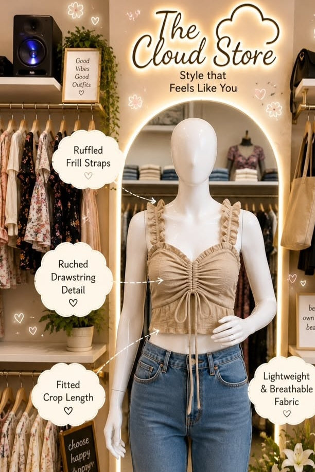 Front Drawstring Crop Top with Ruffled Frill Shoulder Straps