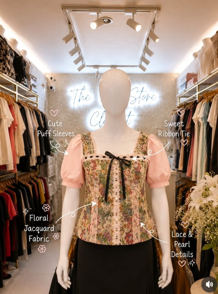 Floral Jacquard Puff-Sleeve Top
