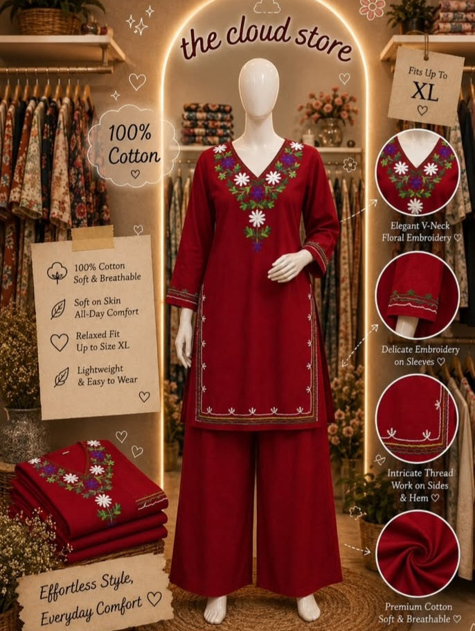 Women Ethnic Floral Embroidered V-Neck Kurta with Palazzos Co-Ord Set