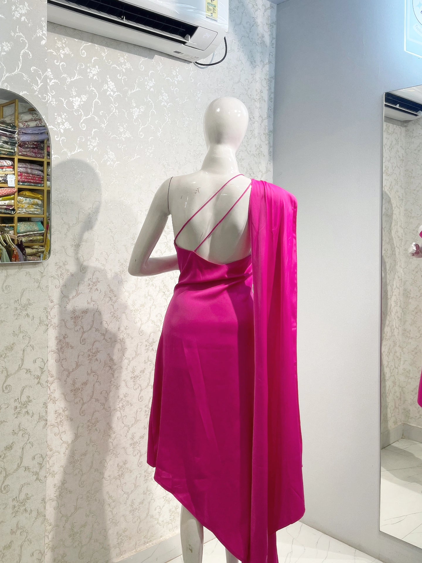 Hot Pink One-Shoulder Drape Dress