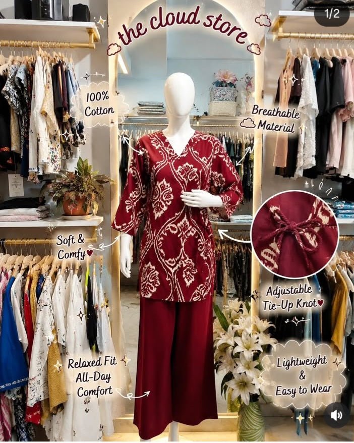 Maroon Floral Print Angrakha Style Co-ord Set