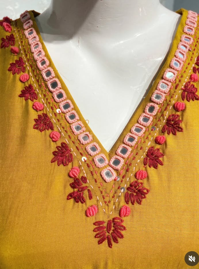 Mustard Yellow Embroidered 3-Piece Suit Set with Printed Dupatta