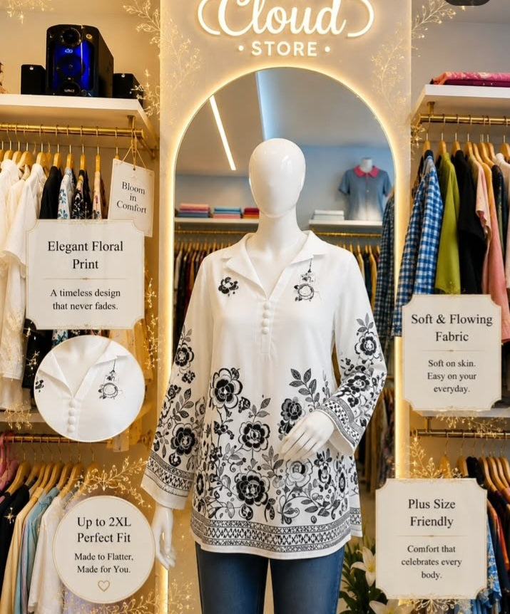Women White & Black Floral Printed Shirt Collar Tunic Top with Covered Button Detail