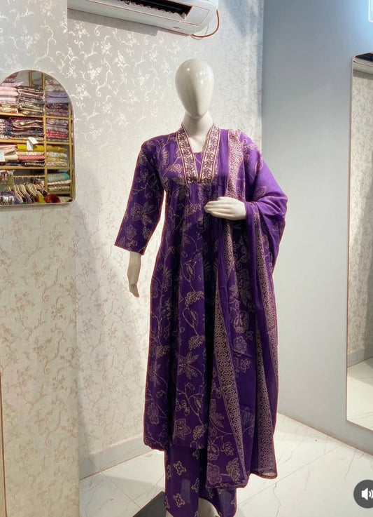 Floral Block-Print Frock Suit Set