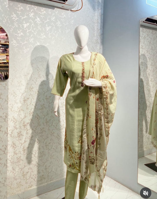 Light Green Embroidered 3-Piece Suit Set with Printed Dupatta