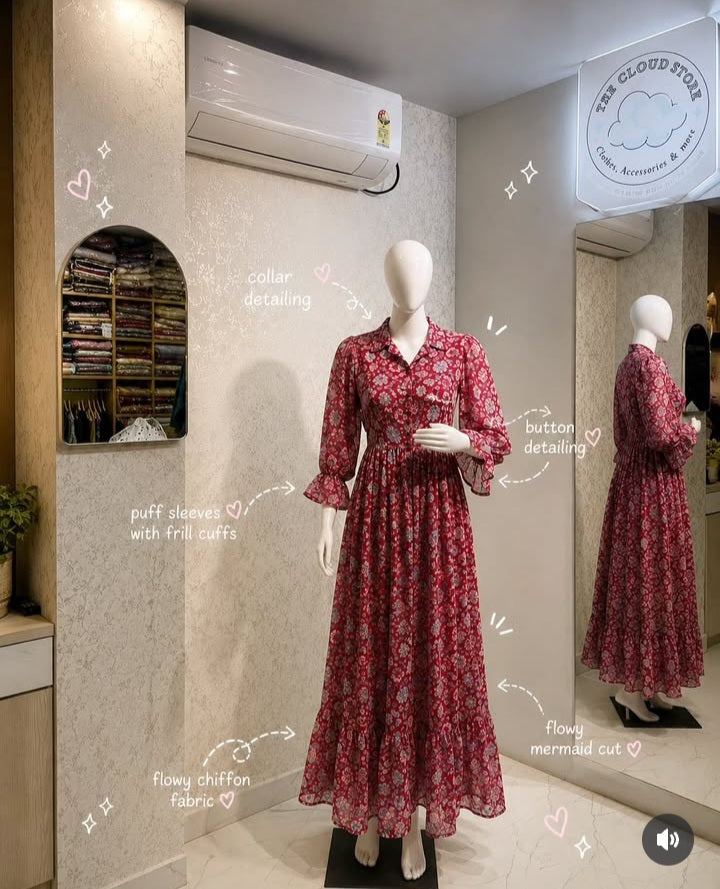 Floral Print Flowy Chiffon Long Dress