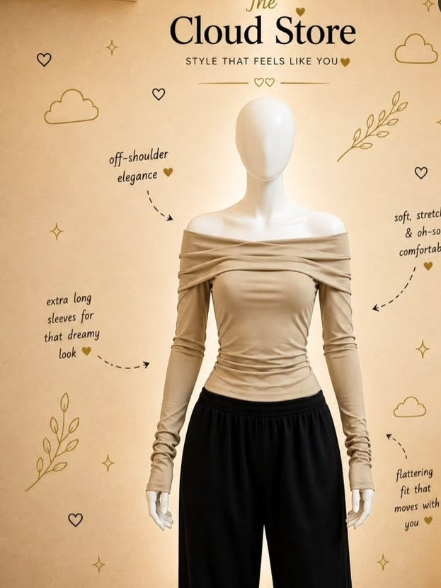 Over Off-Shoulder Fitted Top with Extra Long Ruched Sleeves