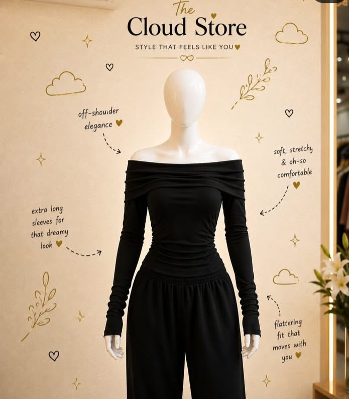 Over Off-Shoulder Fitted Top with Extra Long Ruched Sleeves