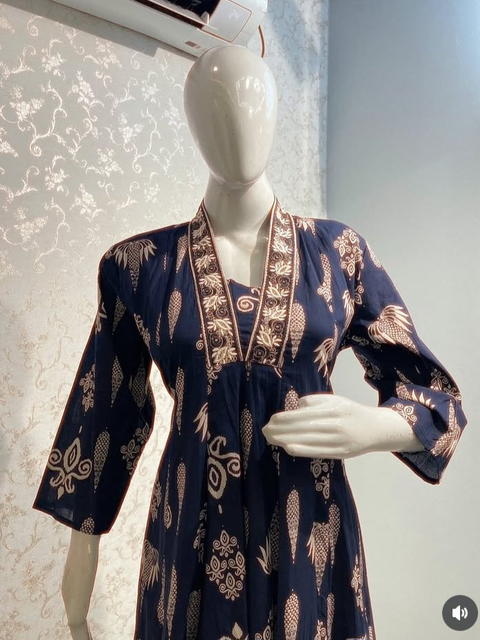 Floral Block-Print Frock Suit Set
