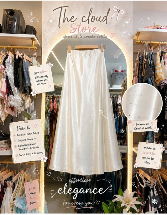 Crystal Embellished Satin Flowy Skirt