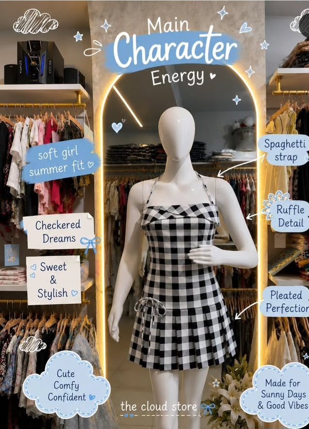 Checked Halter Neck Pleated Mini Dress with Folded Overlay & Side Tie-Up