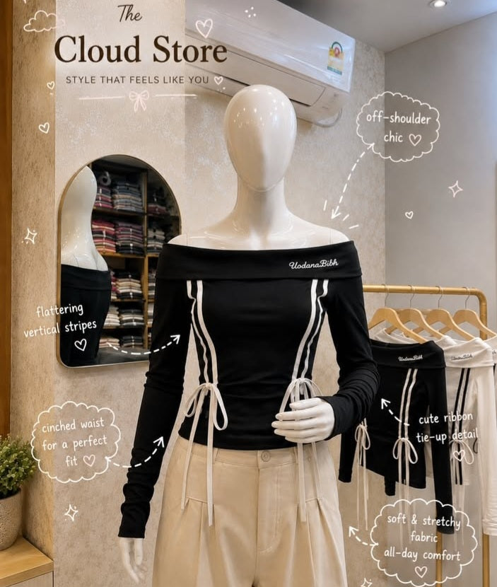 Contrast Piping Off-Shoulder Top with Tie-Up Waist