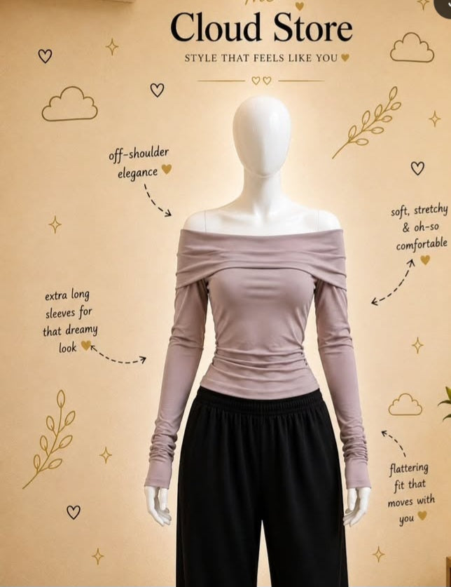Over Off-Shoulder Fitted Top with Extra Long Ruched Sleeves