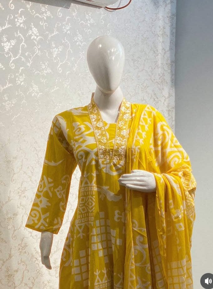 Floral Block-Print Frock Suit Set