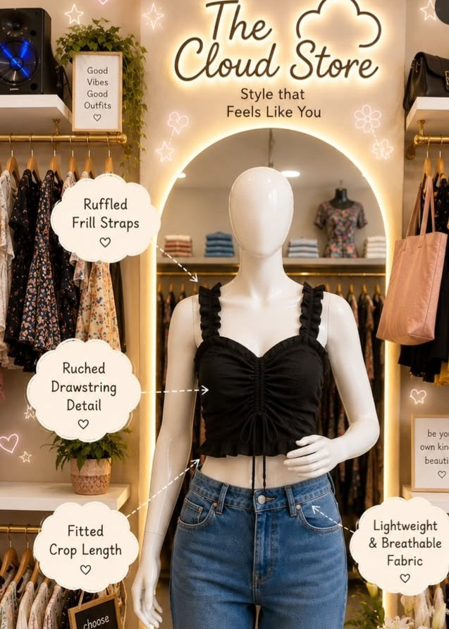 Front Drawstring Crop Top with Ruffled Frill Shoulder Straps