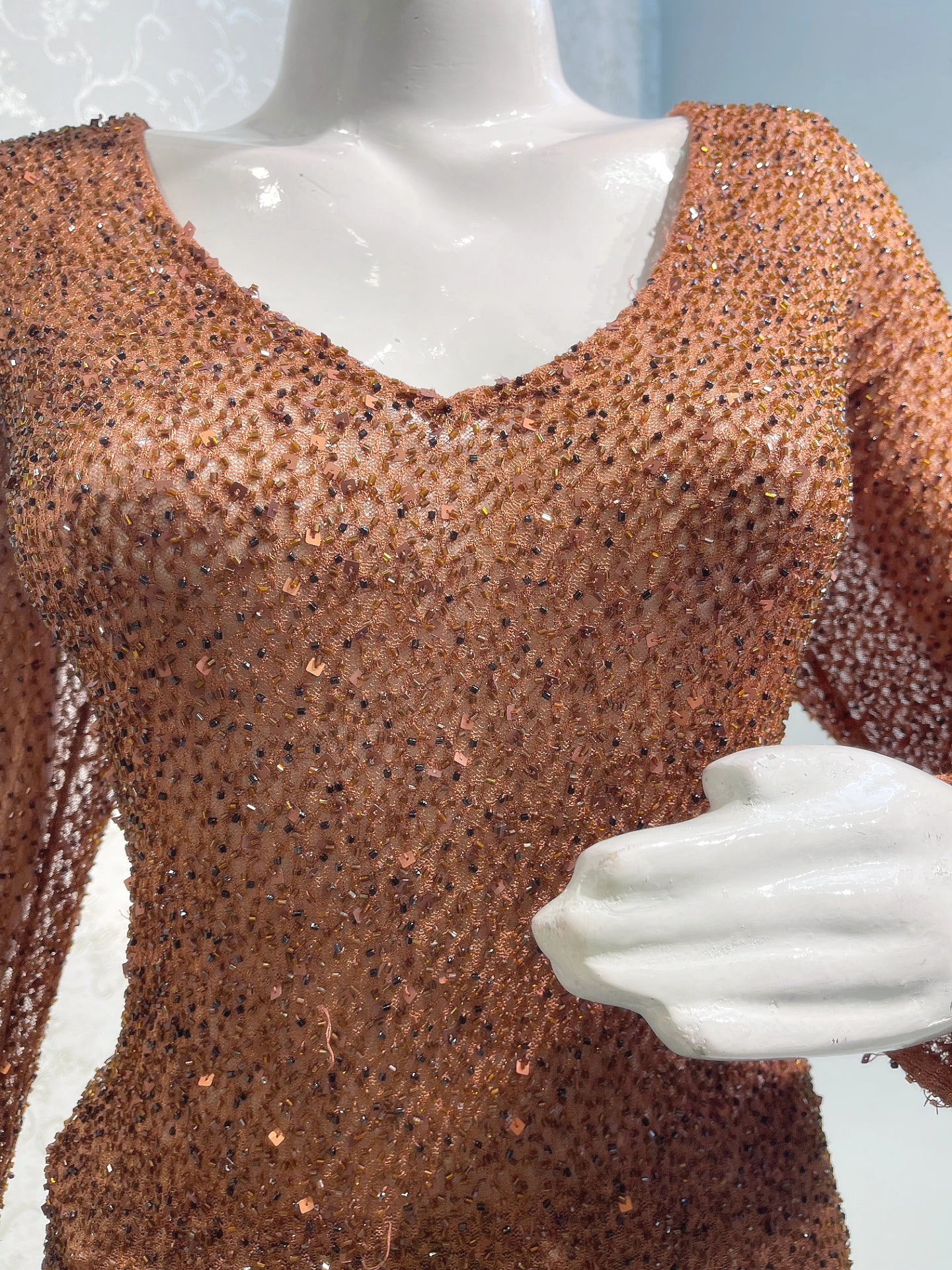 Brownish-Orange Shimmer Y2K V-Neck Top