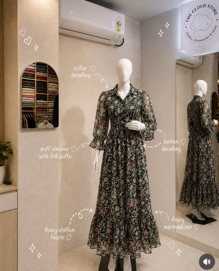 Floral Print Flowy Chiffon Long Dress