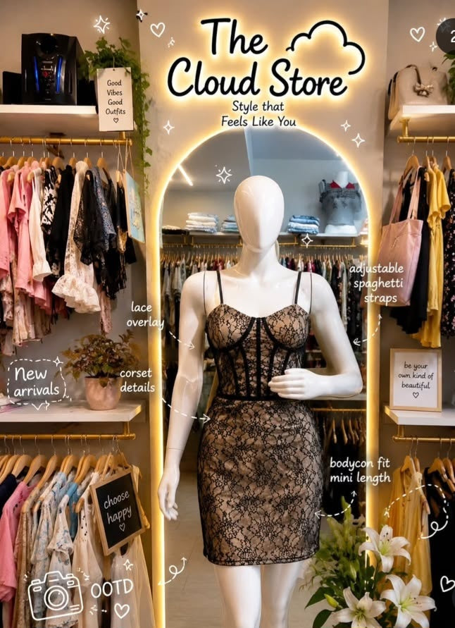 Women Beige & Black Floral Lace Overlay Corset Bodycon Mini Dress with Adjustable Spaghetti Straps