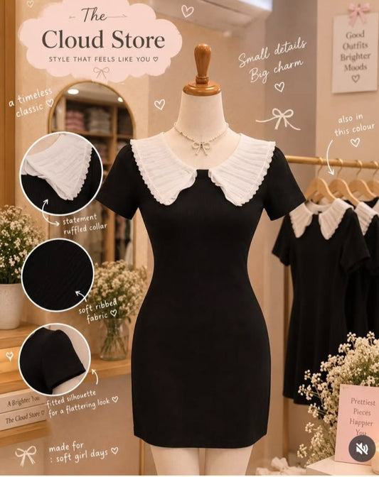 Black Solid Rib Knit Dress with Contrast Ruffled Collar