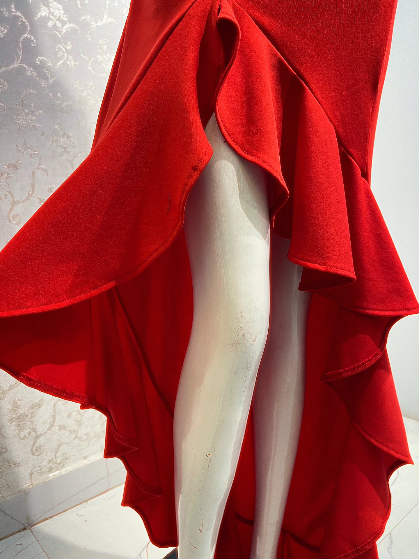 Cherry Blossom One-Shoulder Ruffle Maxi Dress (Red)