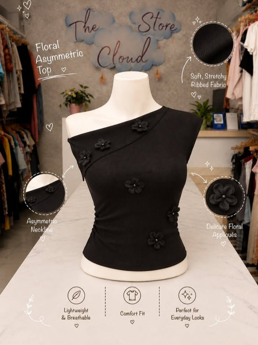 Floral Appliqué Asymmetric Neck Ribbed Fitted Crop Top