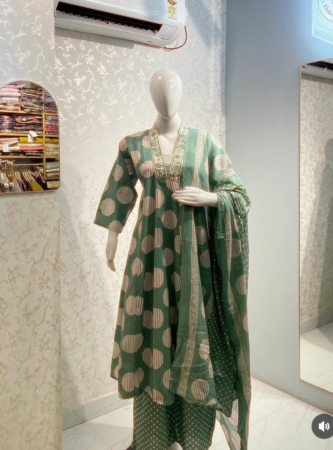 Floral Block-Print Frock Suit Set