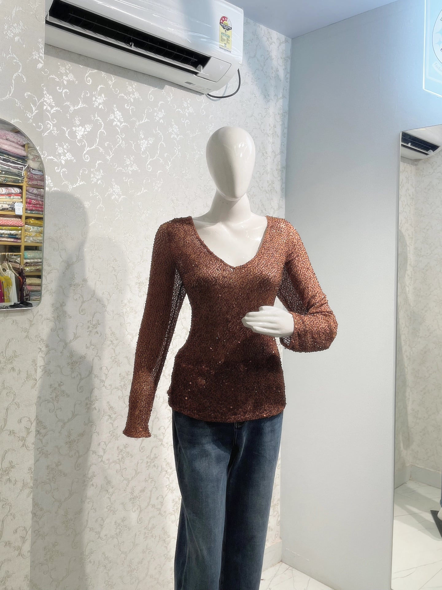 Brownish-Orange Shimmer Y2K V-Neck Top