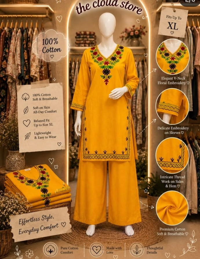 Women Ethnic Floral Embroidered V-Neck Kurta with Palazzos Co-Ord Set