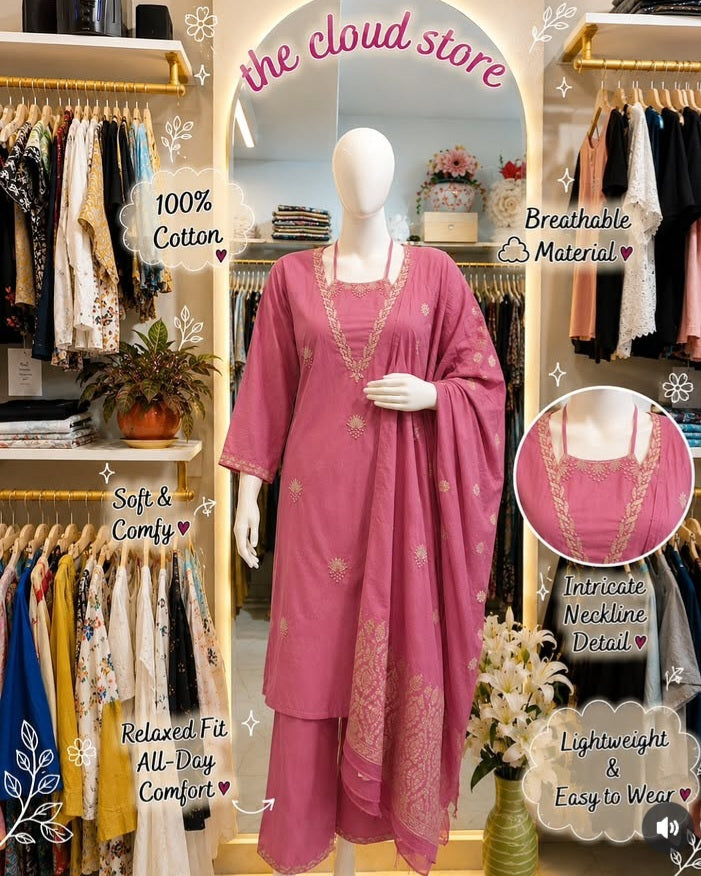 Embroidered Neck Detail 3-Piece Cotton Suit Set
