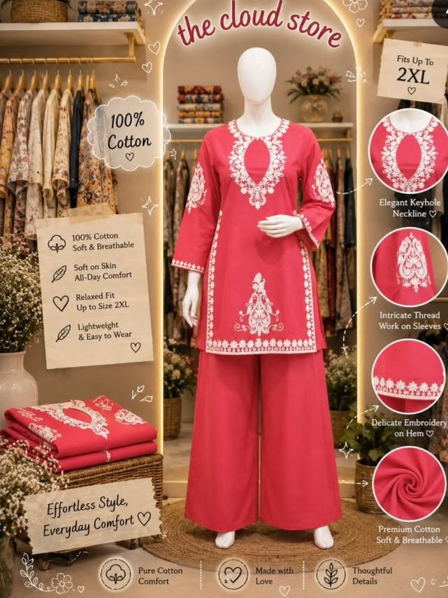 Pure Cotton Embroidered Keyhole Tunic with Flared Palazzos Co-Ord Set