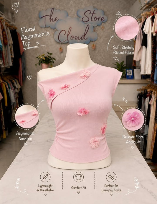 Floral Appliqué Asymmetric Neck Ribbed Fitted Crop Top