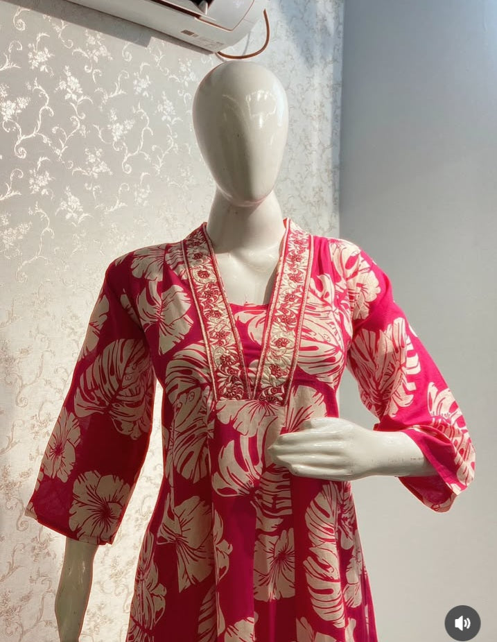Floral Block-Print Frock Suit Set