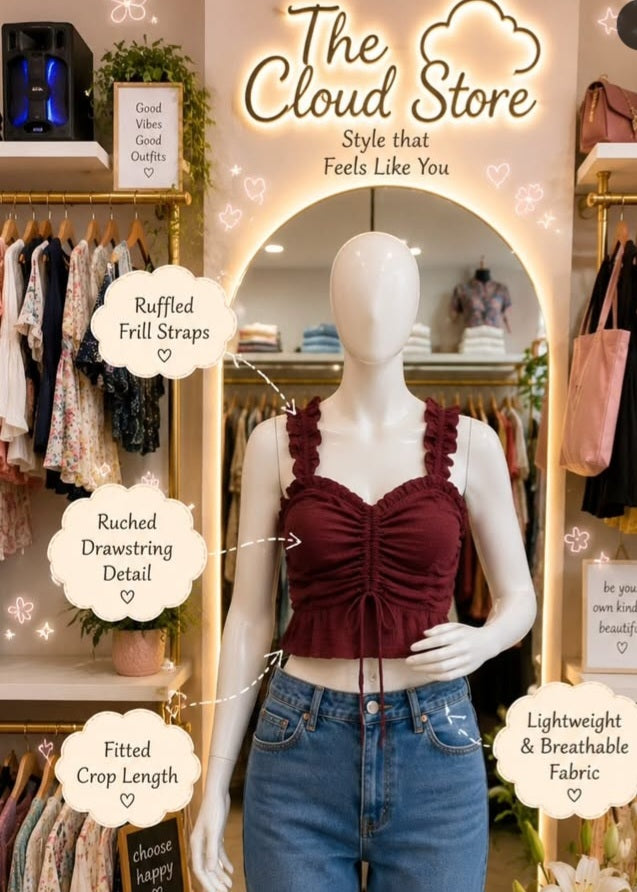Front Drawstring Crop Top with Ruffled Frill Shoulder Straps